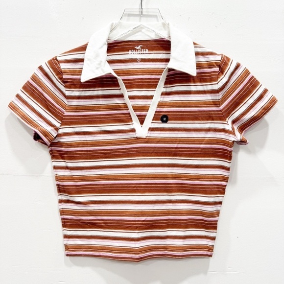 Hollister Striped Polo Crop Baby Tee Medium V-Neck - Picture 1 of 6